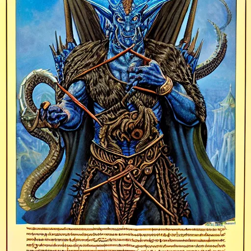 Image similar to head and shoulders portrait of a medieval d & d fantasy anthropomorphic blue dragon - human hybrid sorcerer, d & d rulebook cover art by jeff easley and hr giger