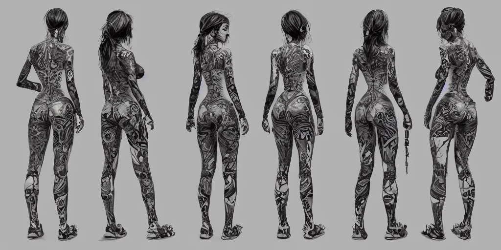 Prompt: tattooed woman walking cycle, character sheet, fine details, concept design, contrast, brigitte bardot, kim jung gi, greg rutkowski, trending on artstation, 8 k, full body, turnaround, front view, back view, ultra wide angle