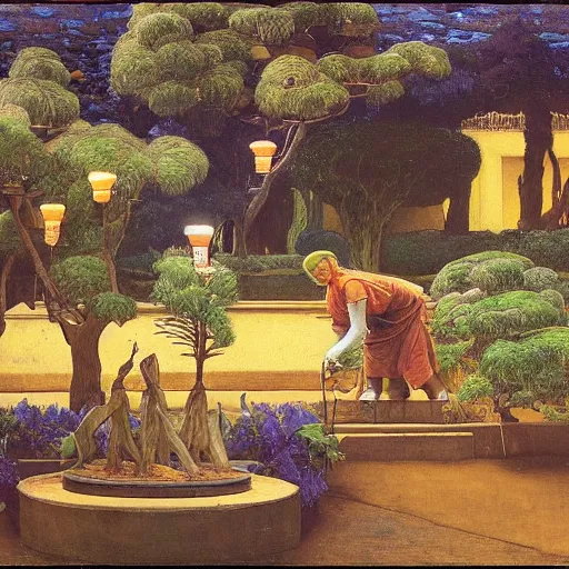 Image similar to Old African gardener cutting bonsai trees, isyllic Garden, by Annie Swynnerton and Nicholas Roerich and jean delville, glowing paper lanterns, strong dramatic cinematic lighting , ornate tiled architecture, lost civilizations, smooth, sharp focus, extremely detailed