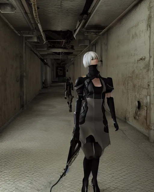 Prompt: film still 2 b nier automata as alex from the video game half life 2 ( 2 0 0 4 ). photographic, photography