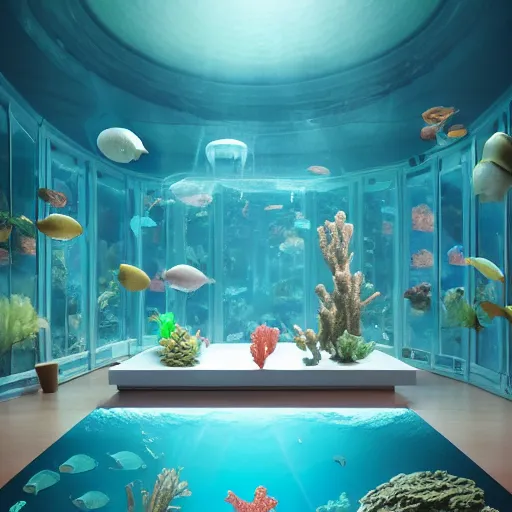 Prompt: photo of the modern fashionable room as aquarium with a chandelier as a big jellyfish, beautiful corals on the walls and dangerous sharks on the big panoramic window, a lot of gleans, under the ocean, realistic colors, realistic shadows, daylight made in blender and cinema 4 d, hd, 3 d by beeple and by greg rutkowski