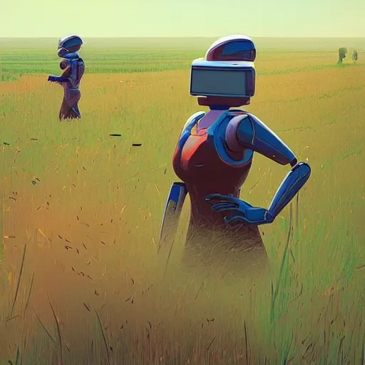 Image similar to Two robot farmers working in the field, detailed art by Ilya Kuvshinov