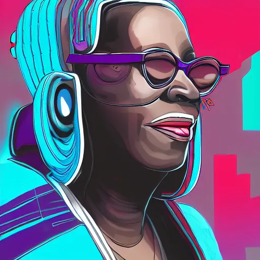 Image similar to cyberpunk robotic whoopi goldberg, sharp lines, digital, artstation, colored in