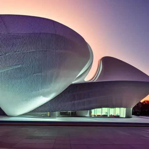 Image similar to extremely detailed stunning sophisticated beautiful elegant futuristic museum exterior by zaha hadid, stunning volumetric light, bright colors, translucent material, beautiful sunset
