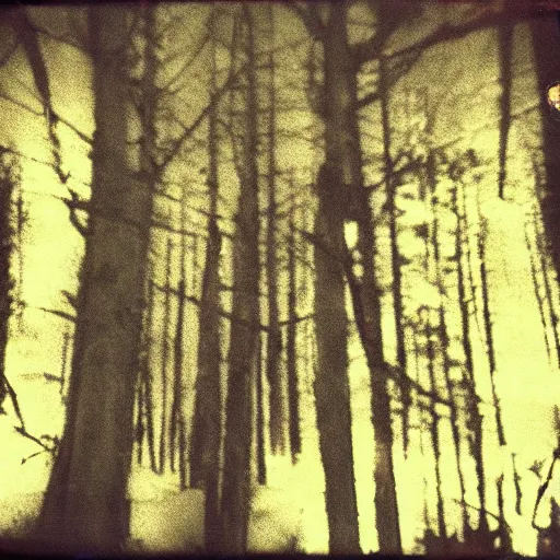 Image similar to glowing symbols on a tree in a forest clearing at night, old polaroid, expired film, blurry, lost footage, found footage, creepy,