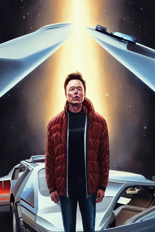 Image similar to elon musk as marty mcfly near delorean, realistic portrait, symmetrical, highly detailed, digital painting, artstation, concept art, smooth, sharp focus, illustration, cinematic lighting, art by artgerm and greg rutkowski and alphonse mucha