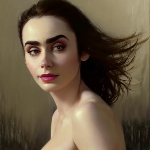 Prompt: detailed realistic cinematic wide shot of beautiful attractive lilly collins woman wearing black bath robe slim face symettrical face clean skin black eyes black robe smooth, sharp focus, ultra realistic, spring light, painting by gaston bussiere, craig mullins, j. c. leyendecker