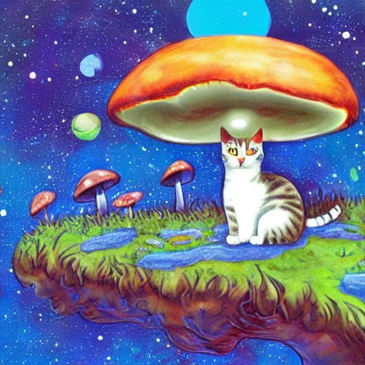 Image similar to cat in an alien planet full of mushrooms, fantasy, vivid colors