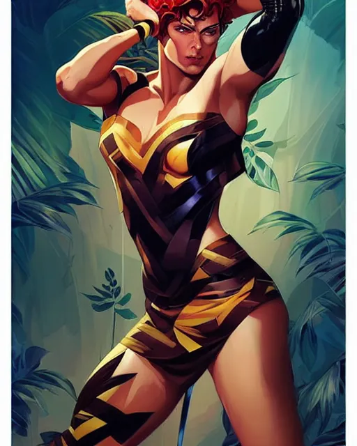 Image similar to artgerm, joshua middleton and sandra chevrier comic cover art, full body handsome male jungle lord, matching eyes, tough, rim lighting, vivid colors