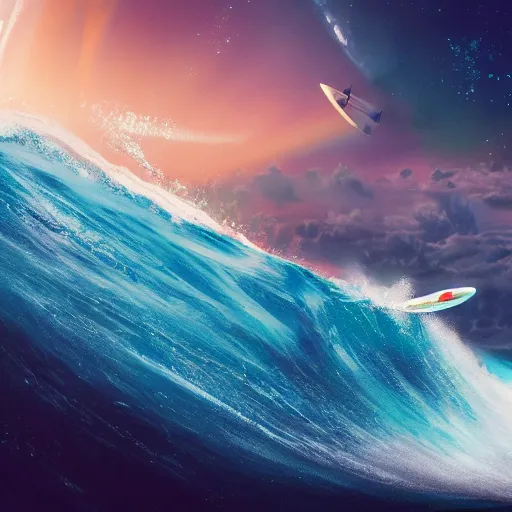 Image similar to photo of a beagle surfing a surfboard on a crashing l wave of alien ocean in space, background is an alien galaxy, aliens in the background, alien colors, octane render, unreal engine, wide view, 8 k, high detaild