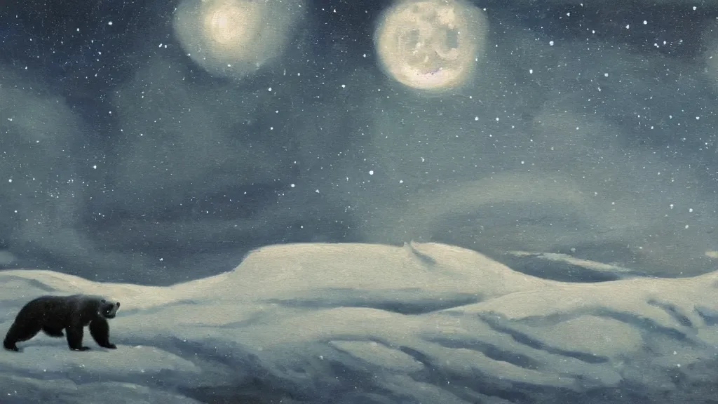 Prompt: an oil painting of a polar bear traversing a snowy landscape at night, the northern lights and the moon are visible