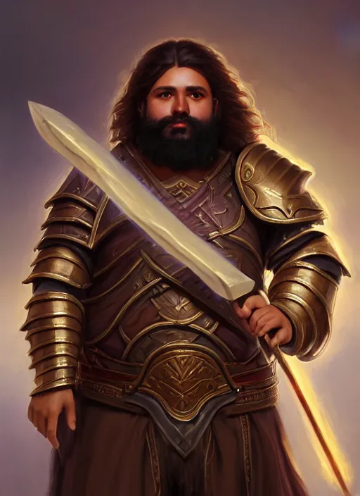 Prompt: a _ fantasy _ style _ portrait _ painting _ of esfandtv light brown male holy paladin with long wavy brown hair chubby and beard, hammer weapon, rpg dnd oil _ painting _ unreal _ 5 _ daz. _ rpg _ portrait _ extremely _ detailed _ artgerm _ greg _ rutkowski _ greg