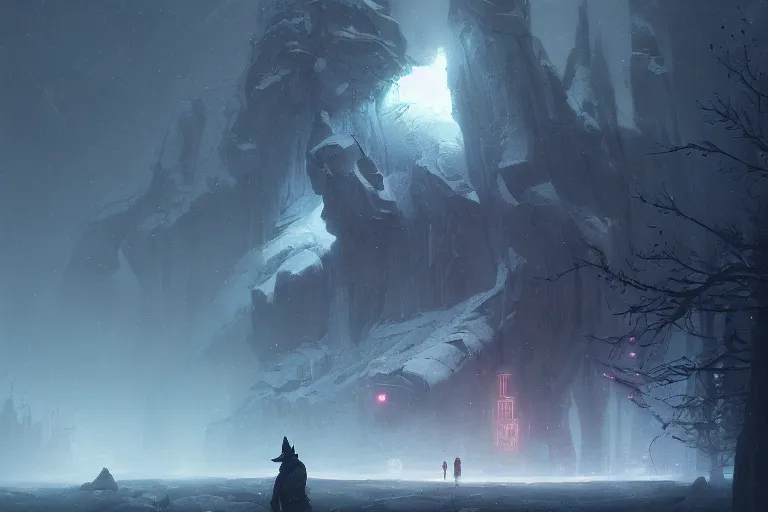 Prompt: jakub rosalski a magical animation from a video game of a spaceship hovering over a foggy winter landscape, by greg rutkowski and frank frazetta and peter mohrbacher and william blake and dan mumford, cinematic lighting, insanely detailed, intricate, artstation, cgsociety, painted by Simon Stalenhag, concept art, illustration, sharp focus
