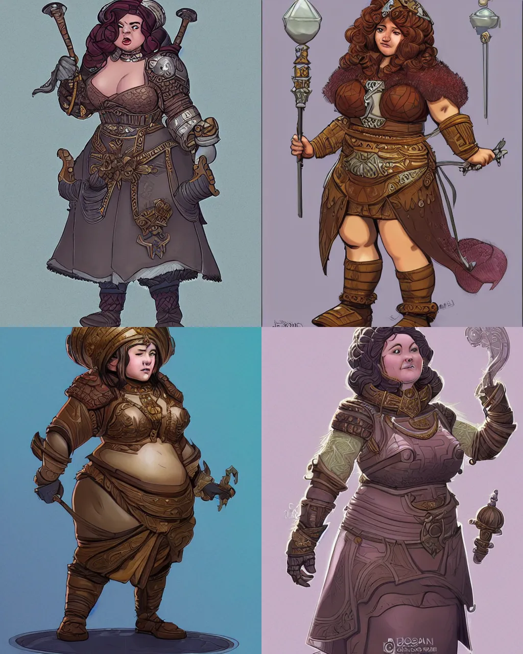 Prompt: female dwarven noblewoman, chubby short stature, elaborate hair, by josan gonzalez