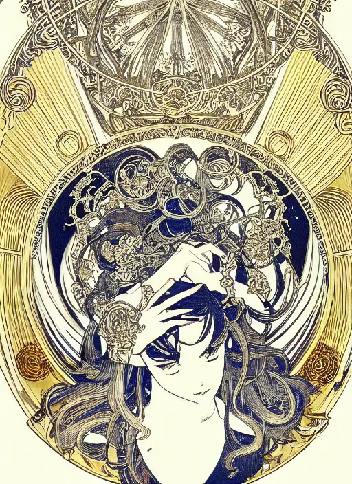 Image similar to photographer looking through camera, design on white background, gnarly details, gold, drawn by studio ghibli, alphonso mucha, lolish, trending on artstation