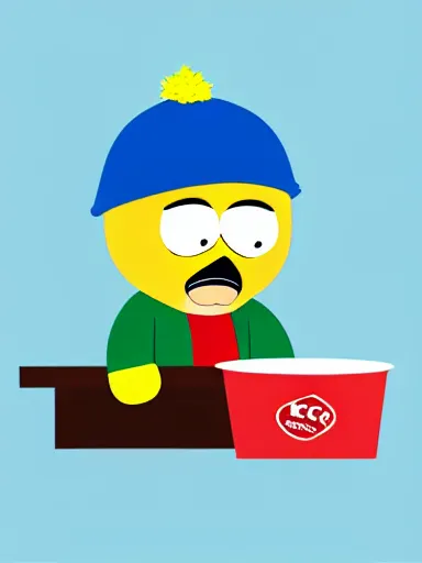 Image similar to portrait of scarface as cartman from south park, holding a bucket of kfc, a line of gravy on the desk in front of him, collage, paper cutout, flat design, papercraft