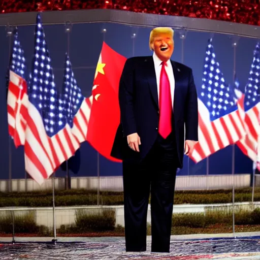 Image similar to donald trump waving giant china flag laughing hysterically