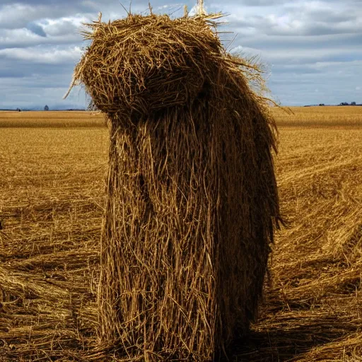 Prompt: a hay monster in a field looking ominously at the camera