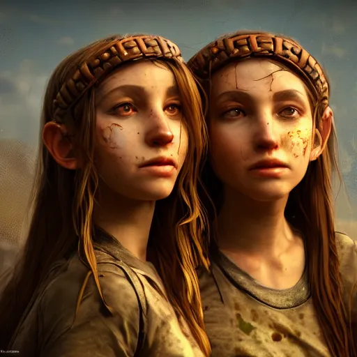 Image similar to beautiful Gorgon Sisters, long hair, hazel eyes, cute freckles, full round face, short smile, golden hour, post apocalyptic setting, medium shot, mid-shot, highly detailed, trending on Artstation, Unreal Engine 4k