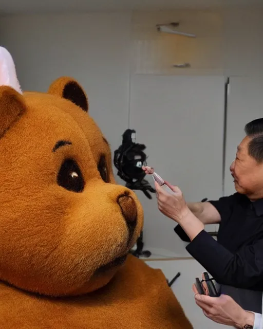 Image similar to president xi jinping in a makeup test as winnie the poo, makeup and prosthetics designed by rick baker, highly detailed, photorealistic