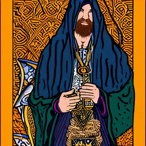 Image similar to portrait of man wearing an embroidered cloak and holding scales, tower, archway, tarot card style, intricate, elegant, full color, trending on artstation