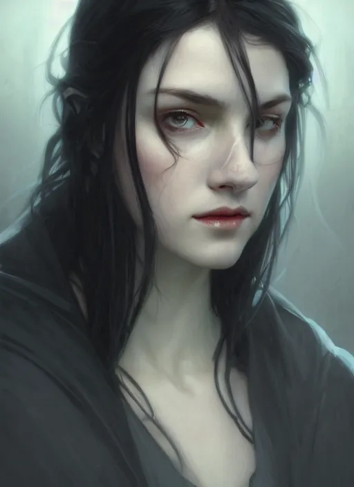 Image similar to long face, sharp features, girl, portrait, devil smile, grey eyes, black hair, dark cloak, dnd, art by artgerm and greg rutkowski and alphonse mucha, trending on artstation, cinematic light, pastel colors, volumetric shading, high radiosity dull skin, global illumination, radiant light, soft light, soft color dodge, subsurface scattering