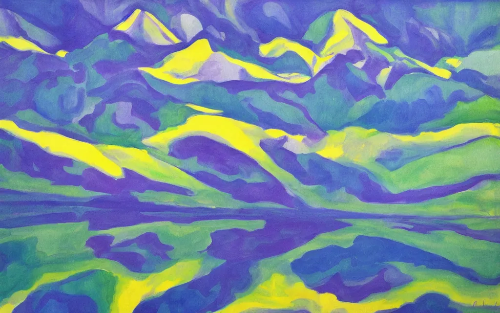 Image similar to the alps and reflection in a lake in the style of georgia o keeffe. colorful, wavy. painting. medium long shot. perspective. color palette of blue, yellow, purple, green. alpenguhen