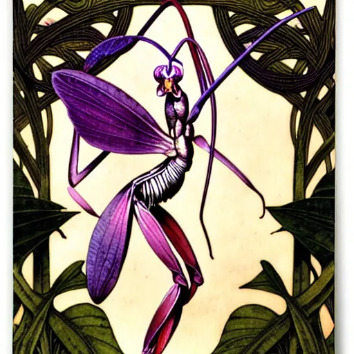 Prompt: orchid mantis by William Morris and Carlos Schwabe, horizontal symmetry, exquisite fine details, baroque ornamentation, Art Nouveau botanicals, deep rich moody colors