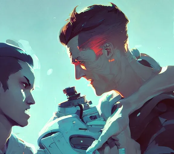 Image similar to portrait jayce and viktor by atey ghailan, by greg rutkowski, by greg tocchini, by james gilleard, by joe fenton, by kaethe butcher, dynamic lighting, gradient light blue, brown, blonde cream and white color scheme, grunge aesthetic