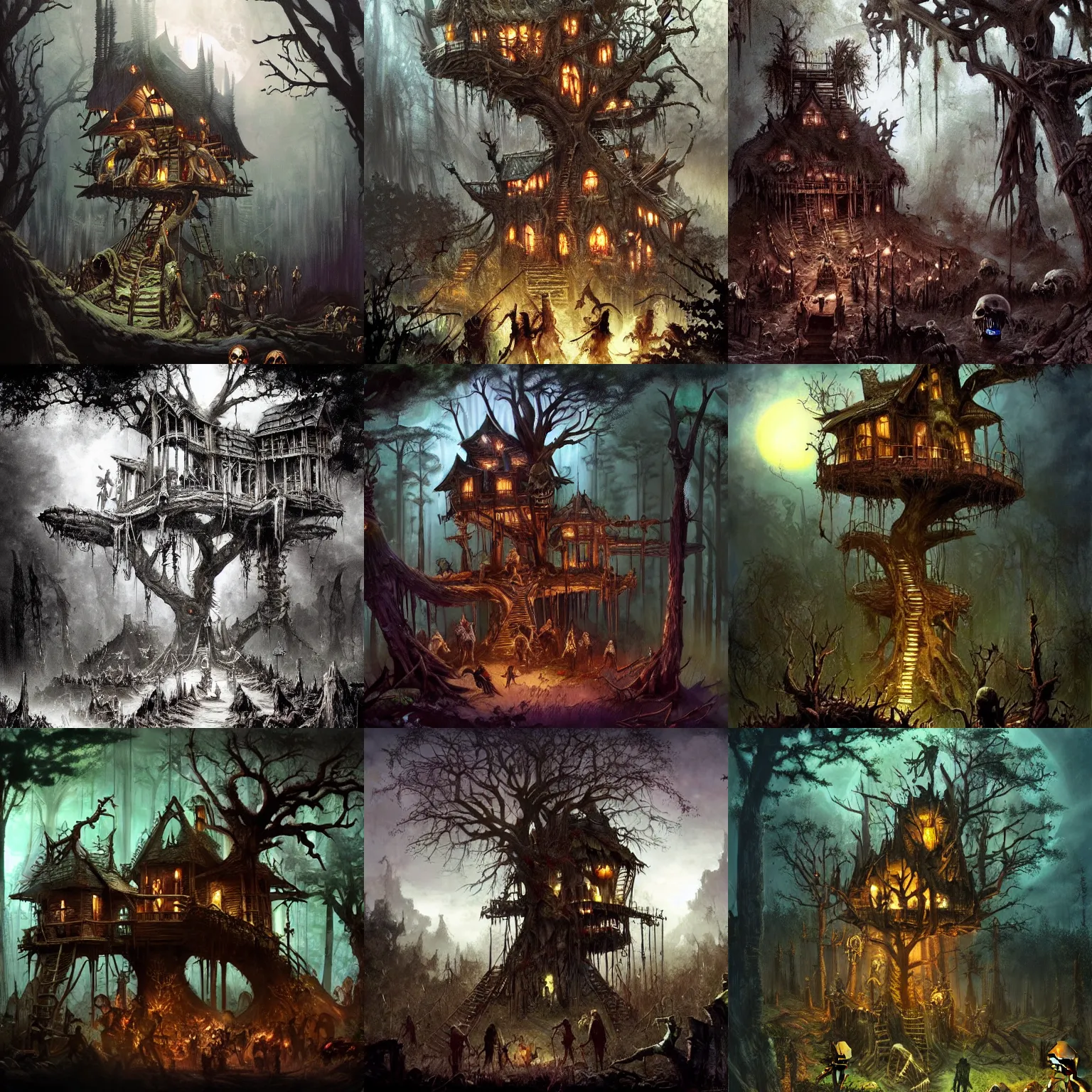 Prompt: a lot of zombies and skeletons surrounding a beautiful elven tree house in a beautiful forest at night, fantasy art, conceptart, artstation, frank frazetta