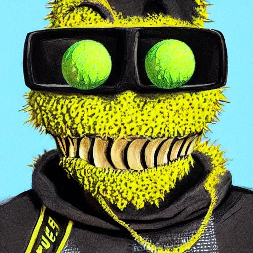 Prompt: a tennis ball monster , balaclava, wearing hip hop gold chsins, digital art, fantasy, magic, trending on artstation, ultra detailed, professional illustration by Basil Gogos