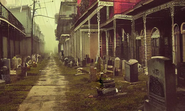 Image similar to new orleans style graveyard, midnight colors, photograph taken by giger and beksinski and death fog and decaying megacity