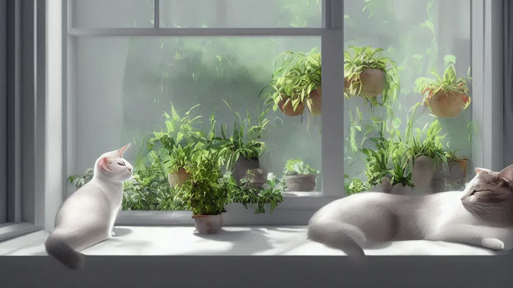 Prompt: beautiful peaceful dreamy painting of a content cat sitting by a window and looking outside, sunshine coming through the window, small plants on the window sill, 8k, hyper realism, trending on artstation, octane render