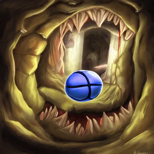 Image similar to a mimic disguised as a basketball inside of a cave gnarling it's teeth ready to attack, fantasy, digital painting