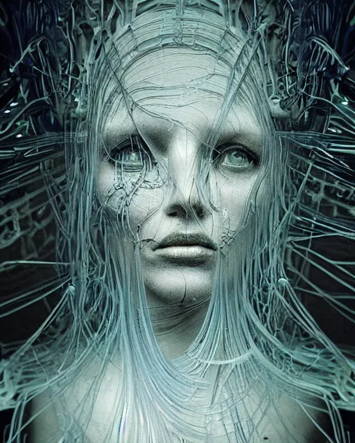 Image similar to luminescent long exposure light painting by h. r. giger of a beauteous biomechanical practical sumptuous full frame photo realistic face, lifelike incredible hair, crystalline masterpiece incrustations, hyperdetailed face, elegant pose, movie still, intricate, octane render, cinematic forest lighting,