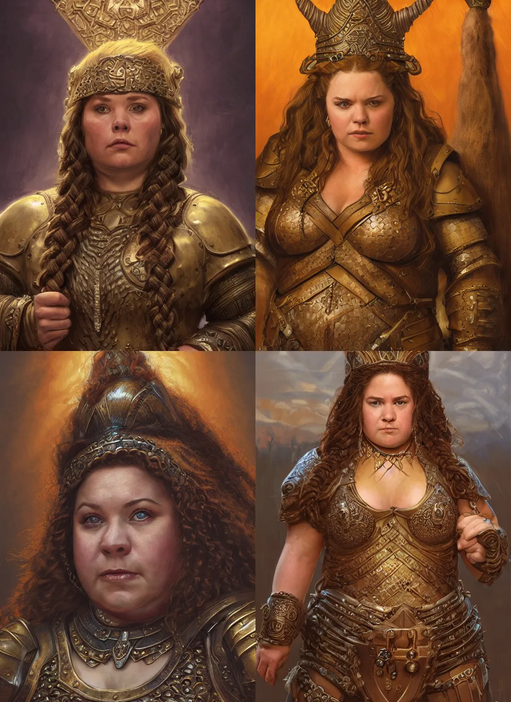 Prompt: portrait, chubby female dwarf queen, bronze dwarven breastplate, elaborated braided hair, regal and proud robust woman, bold serious expression, style by donato giancola, wayne reynolds, jeff easley dramatic light, high detail, cinematic lighting, artstation, dungeons and dragons, throne room,