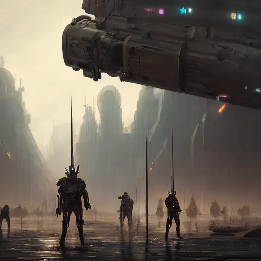 Prompt: a digital painting of bounty hunter robots, matte painting, hyper realistic, very detailed, dramatic scene, realistic lighting, dark fantasy, 4 k, in the style of greg rutkowski,