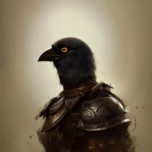 Prompt: a portrait of a crow dressed with a leather armor, by justin gerard and greg rutkowski, digital art, realistic painting, dnd, character design, trending on artstation