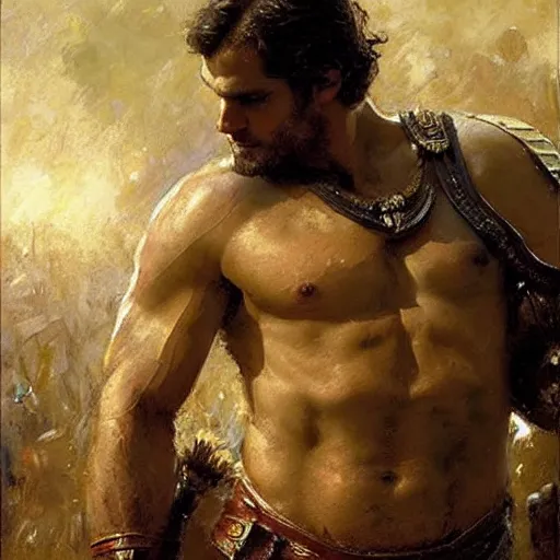 Image similar to Henry Cavill as a roman warrior, muscular, thighs!!!!, painting by Gaston Bussiere, Craig Mullins