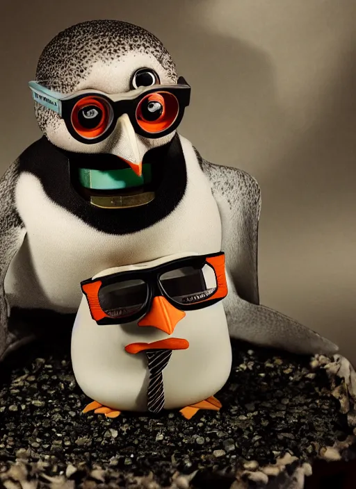 Prompt: 8 5 mm f 1. 8 photograph of a claymation zombie penguin wearing hipster glasses, highly detailed diorama, by erwin olaf and anton corbijn, smooth, sharp foccus, commercial photography, fashion shoot