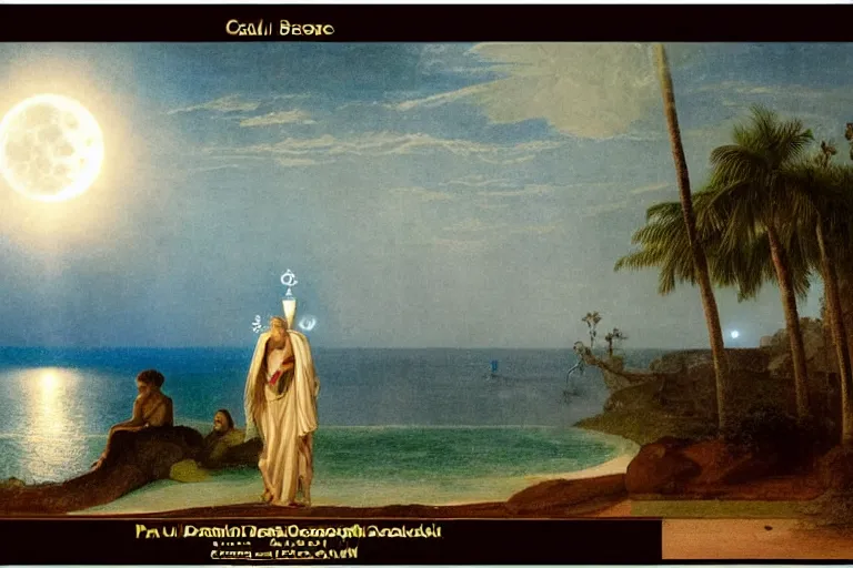 Image similar to The gazebo chalice, refracted moon on the ocean, thunderstorm, greek pool, beach and Tropical vegetation on the background major arcana sky and occult symbols, by paul delaroche, hyperrealistic 4k uhd, award-winning, very detailed paradise