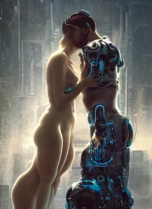 Image similar to ultra realistic medium shot of a couple of cyborgs kissing, lovers, cyberpunk, sci - fi, fantasy, kodak, photorealistic illustration, colour led, soft light, volumetric lighting, night, intricate, highly detailed, digital painting, concept art, smooth, sharp focus, illustration, art by artgerm and greg rutkowski and alphonse mucha