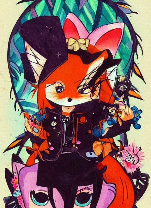 Prompt: A vintage painted illustration of an adorable chibi rogue fox anime girl in the style of Lisa Frank Babs Tarr Hantine Hsu sitting in a couture leather and spike vest that has skulls on it