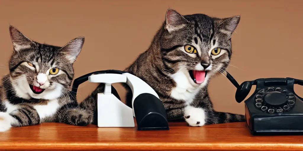 Image similar to photo of a cat laughing wide and hilariously into an old rotary phone that it is holding with its paw to its face. interior home office, at computer deist and keyboard and monitor, tec - supportt, it help, frustration, spilling coffee everywhere