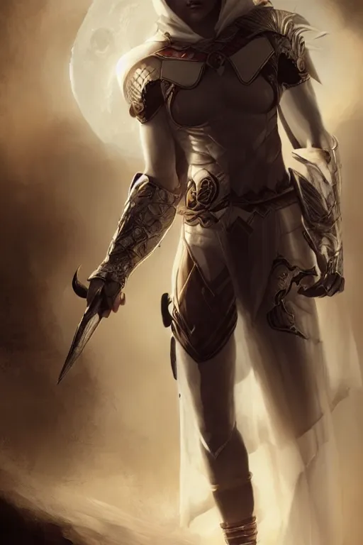 Prompt: characters portrait of MoonKnight mixed with AssassinCreed by ArtGerm and Tom Bagshaw, merged character, Full body shot, cinematic opening shot, 4k, highly detailed, cinematic lighting