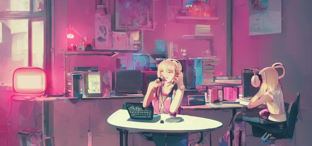 Prompt: a blond woman, pink cat-ear-headphones, sitting in front of computer, gamer, computer nerd, cute room, neon lights, gamer aesthetic, lofi vibes, strong crisp lineart and flat color, by ilya kuvshinov, krenz cushart, Greg Rutkowski, trending on artstation