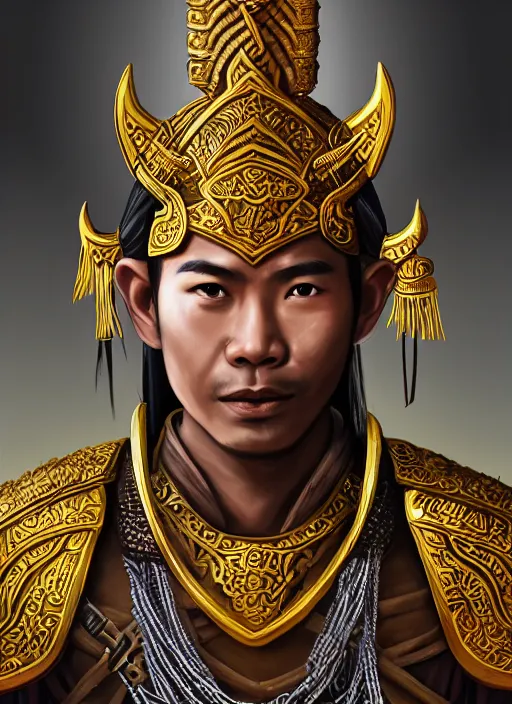 Image similar to smart tai warlord of lanna, chiang mai, closeup portrait, without beard and mustache, historical hero, ethnic group, tai costume, thai traditional bronze headdress, intricate, with leather armor cross on bare chest, elegant, loin cloth, highly detailed, oil painting, artstation, concept art, matte, sharp focus, illustration, hearthstone, art by earl norem