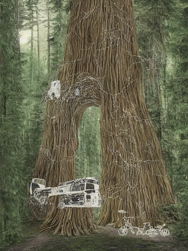 Prompt: a white school bus in the forest driving through a portal, hyper-detailed, digital art, artist Bev Dolittle