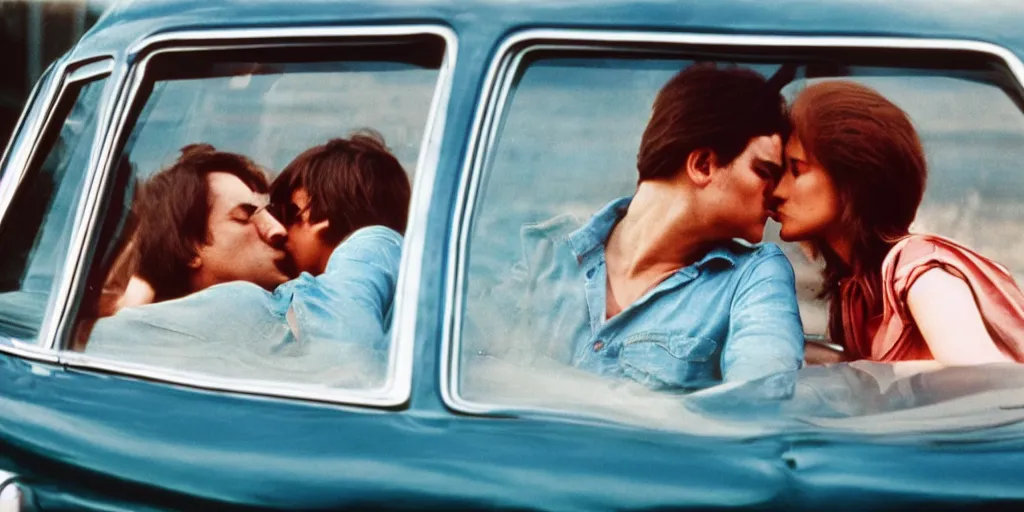 Image similar to 1 9 7 0 s car window closeup, young man and woman kissing in the back seat, coloured film photography, elliott erwitt photography