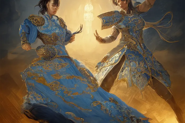 Image similar to portrait knights of Zodiac girl, Chinese Blue and white porcelain reflected armor, kung fu fighting in ruined Agora of Athens sunrise, ssci-fi, fantasy, intricate, very very beautiful, elegant, golden light, highly detailed, digital painting, artstation, concept art, smooth, sharp focus, illustration, art by tian zi and WLOP and alphonse mucha